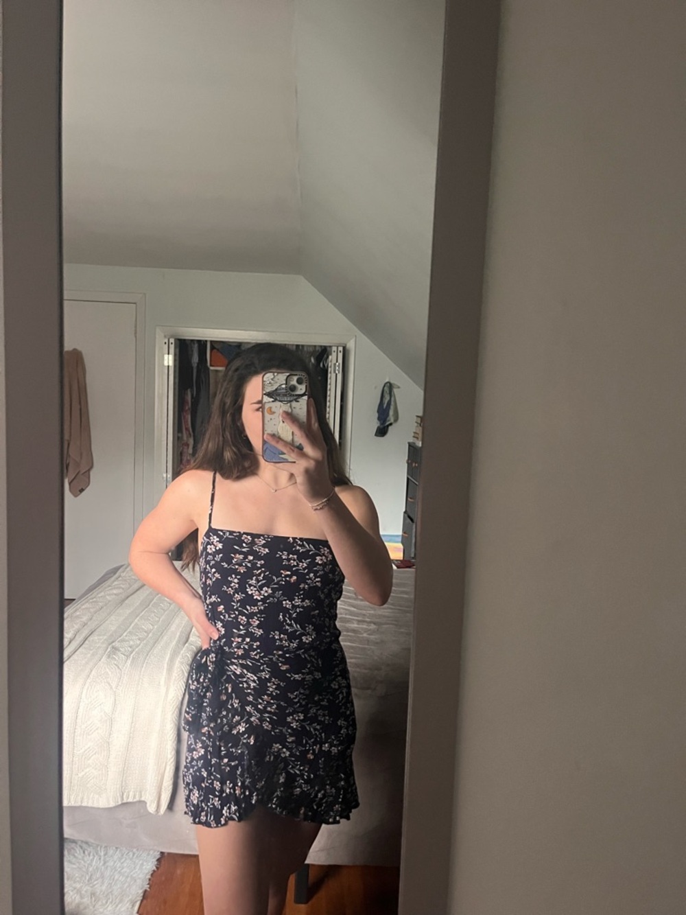 Floral Tie-Waist Black Mini Dress